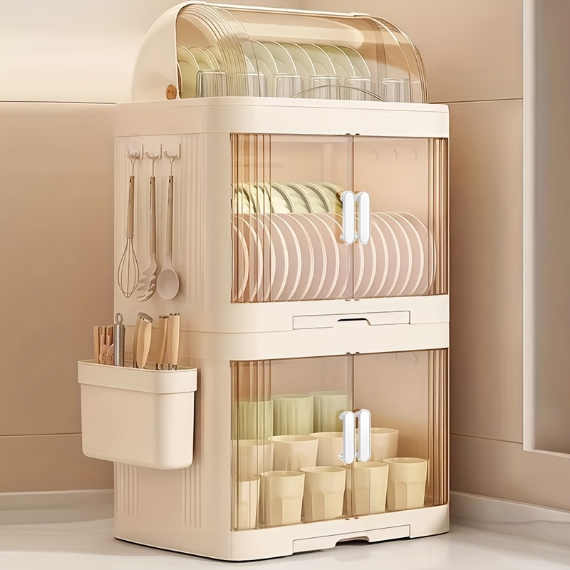 2/3-Tier Kitchen Dish Rack with Lid,   Drying Tray and Bowl Storage Box for Utensils, Suitable for Bowls, Plates, Cups, White