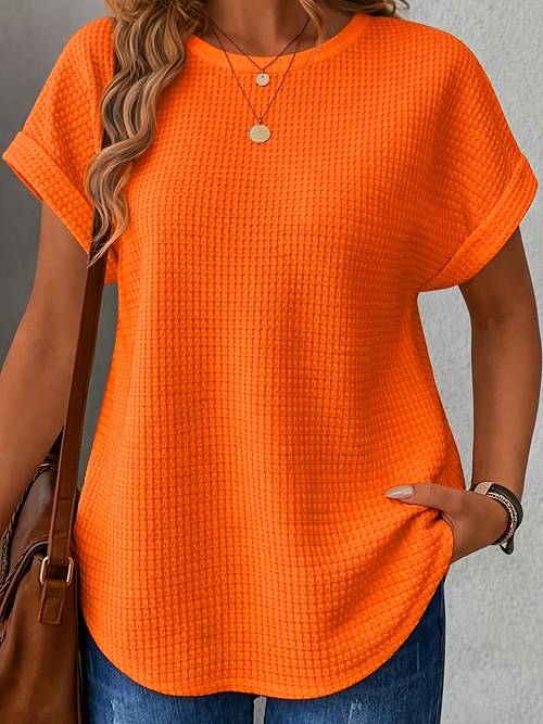 womens waffle t shirt solid color short sleeve crew neck blouse compatible washable waffle texture shirt suitable for daily wear casual summer outfits layering for or office non wardrobe
