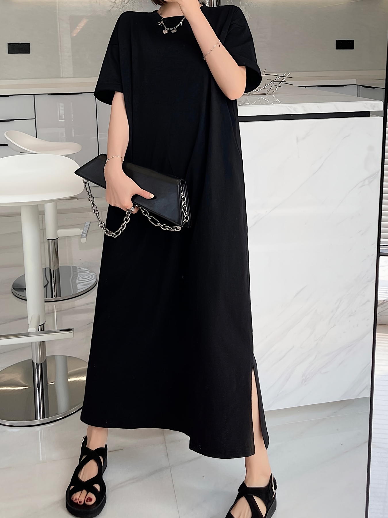 plus size short sleeve knee length long dress little black - Temu United  Arab Emirates