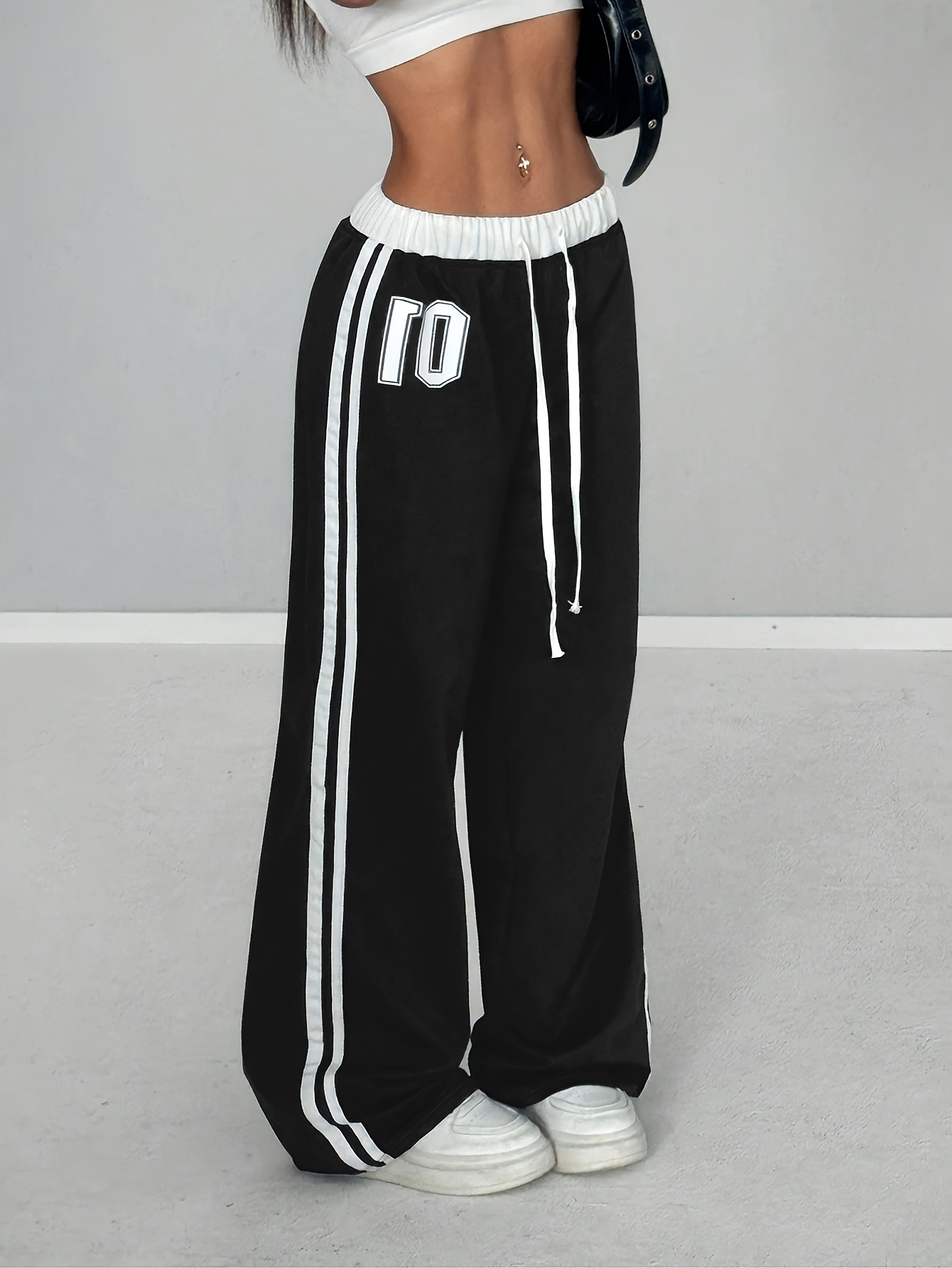 women's black white contrast print jogger pants - Temu