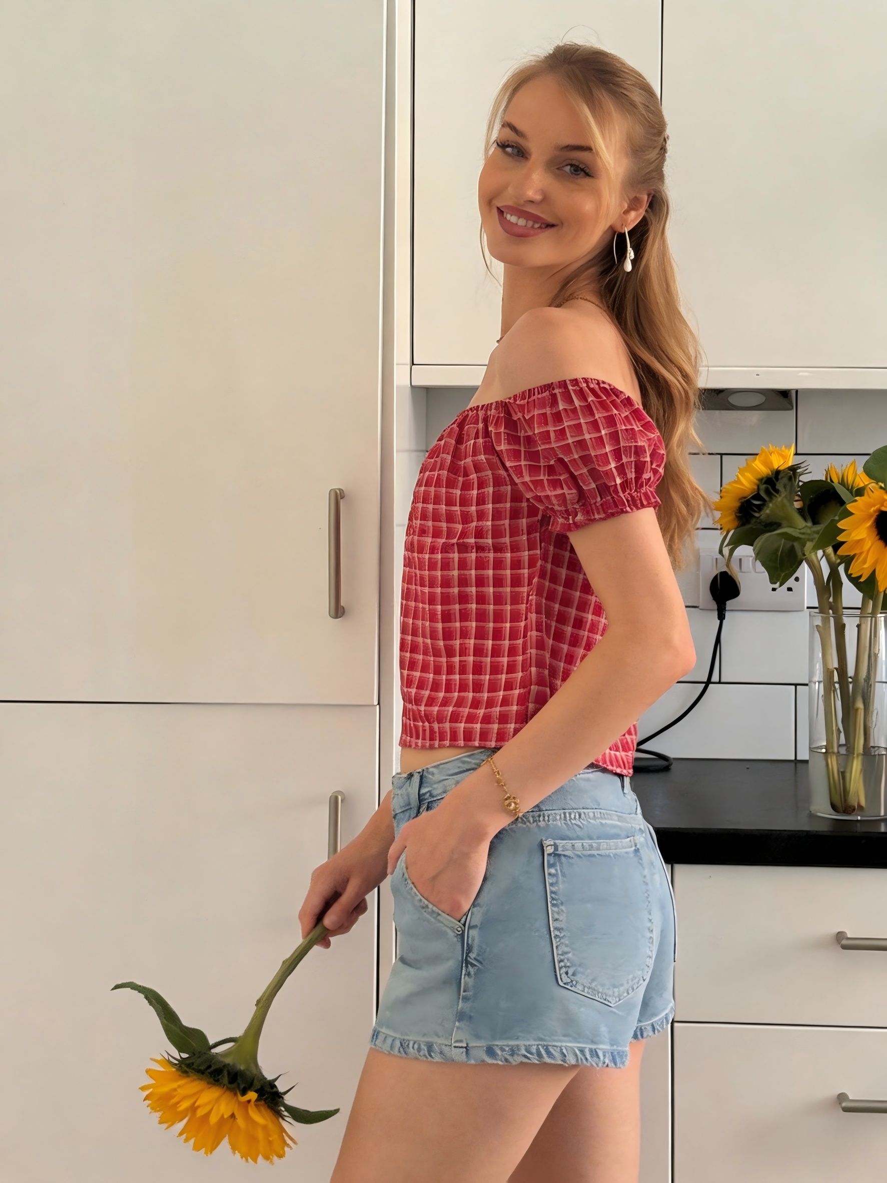 red and white checkered off shoulder top with short puff sleeves     and casual summer outfit details 4