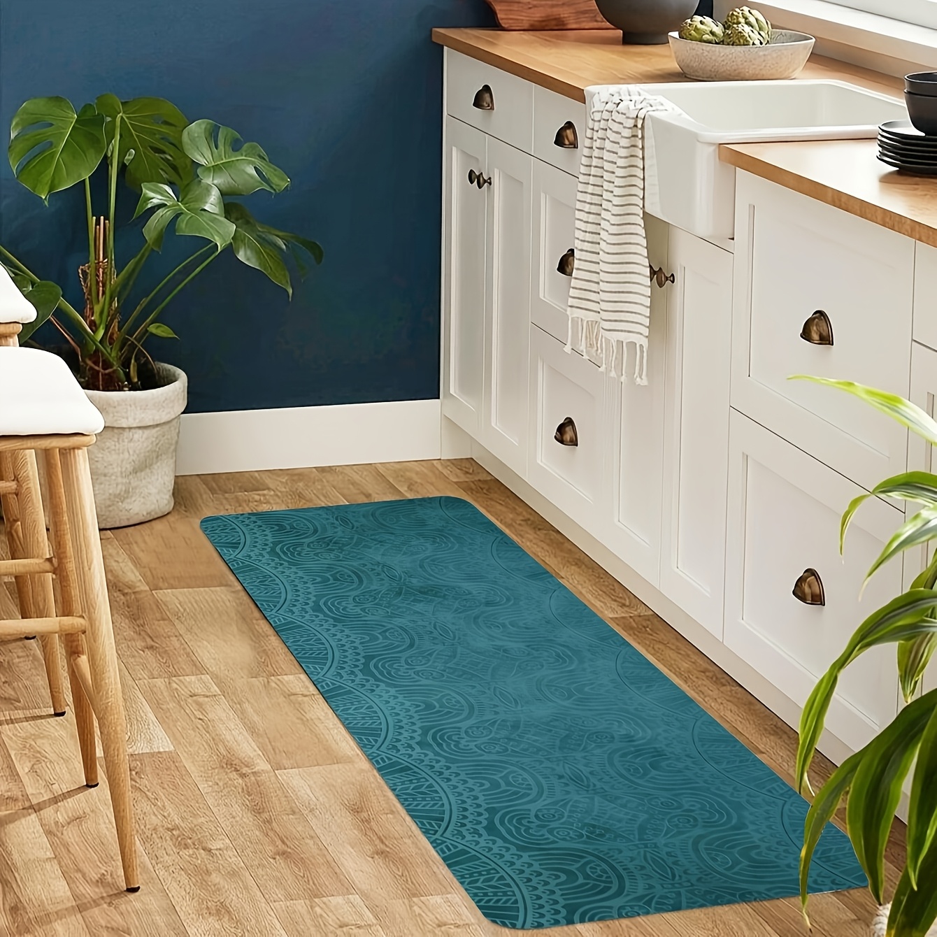 TEMU 1pc Teal Floral Kitchen Mat - Non-slip Plastic Backing, Machine Washable Polyester, Rectangular Home Decor Rug For Dining Room, Hallway, Office,