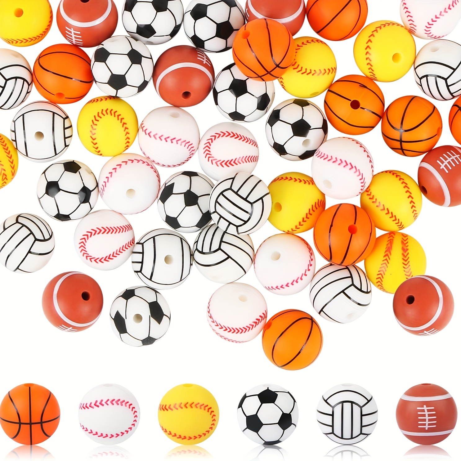 

30 Pcs Sports Silicone Beads, 15mm Silicone Beads For Keychain Making, Basketball Soccer Baseball Football Volleyball Silicone Beads, Rubber Loose Beads For Pens Crafts Necklace Bracelet Lanyard