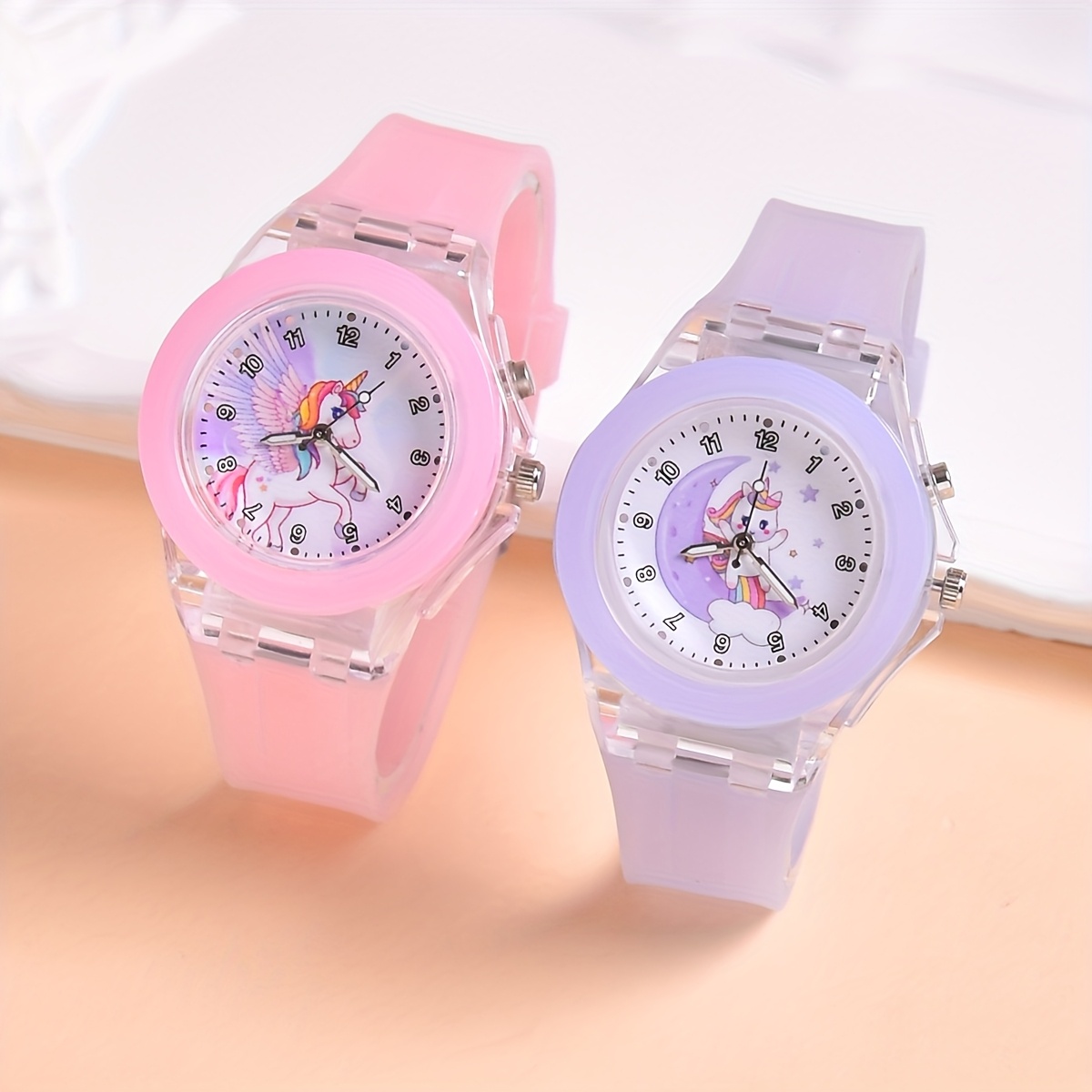 2pcs Set Student Led Glow Watch With Cartoon Pony, Cat, Bunny, And Animal Patterns For Girls, Quartz Wristwatch