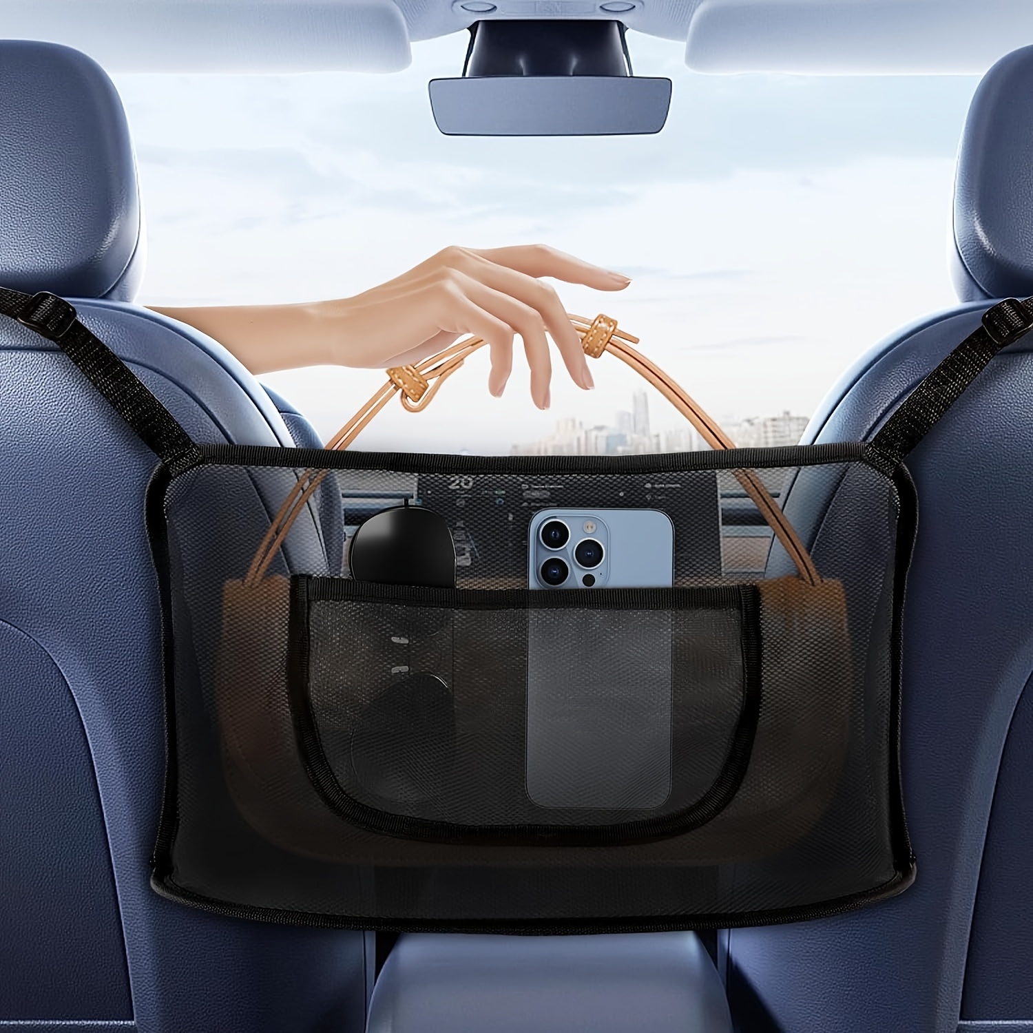 

Net Pocket Handbag Holder - Car Storage Organizer Between Front Seats - Car Accessories, Automotive Consoles & Organizers
