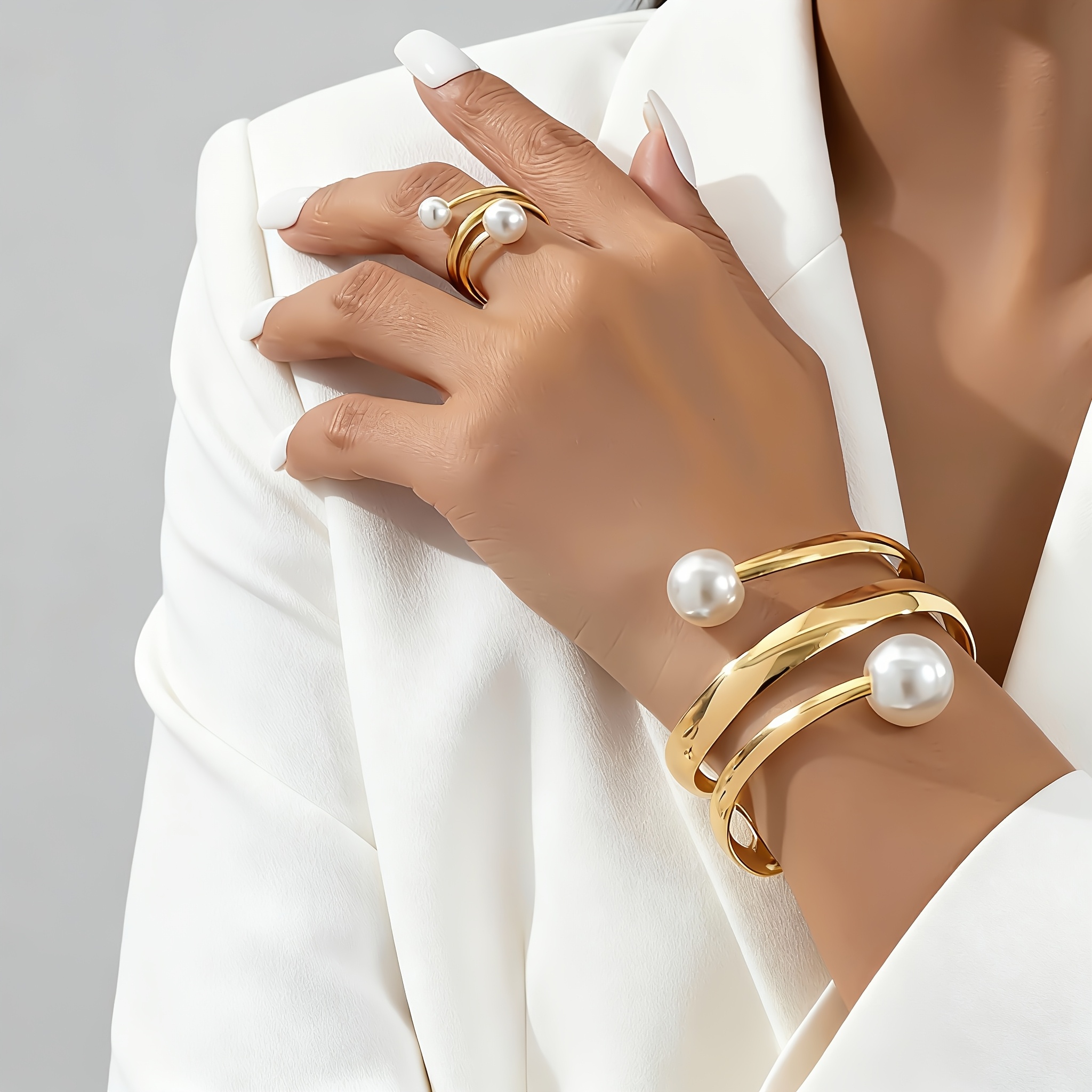 Image of 2pcs/elegant Geometric Pearl Bracelet And Ring Set, Minimalist Style, Daily And Party Wear, Additions, Suitable For Dating And Gifts