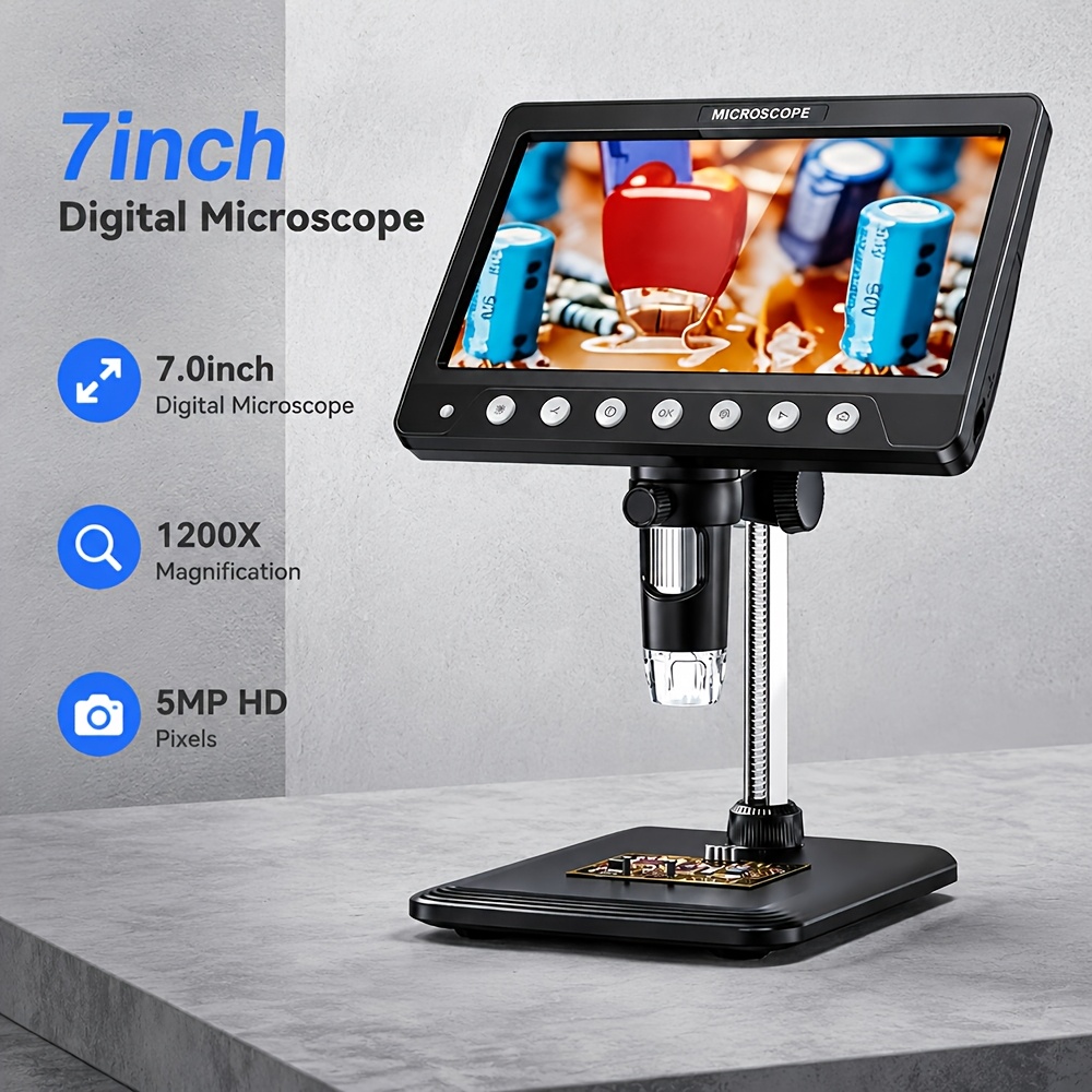 TEMU Microscope numérique LCD 7" avec grossissement 1200X et alimentation USB, adapté pour Windows/MacOS, compatible pour l'inspection de pièces