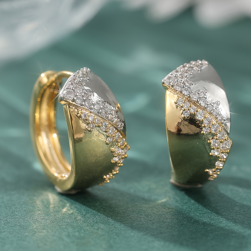 Image of Glossy Synthetic White Zirconia Hoop Earring For Women Unusual Creative 2 Tone Vintage Jewelry