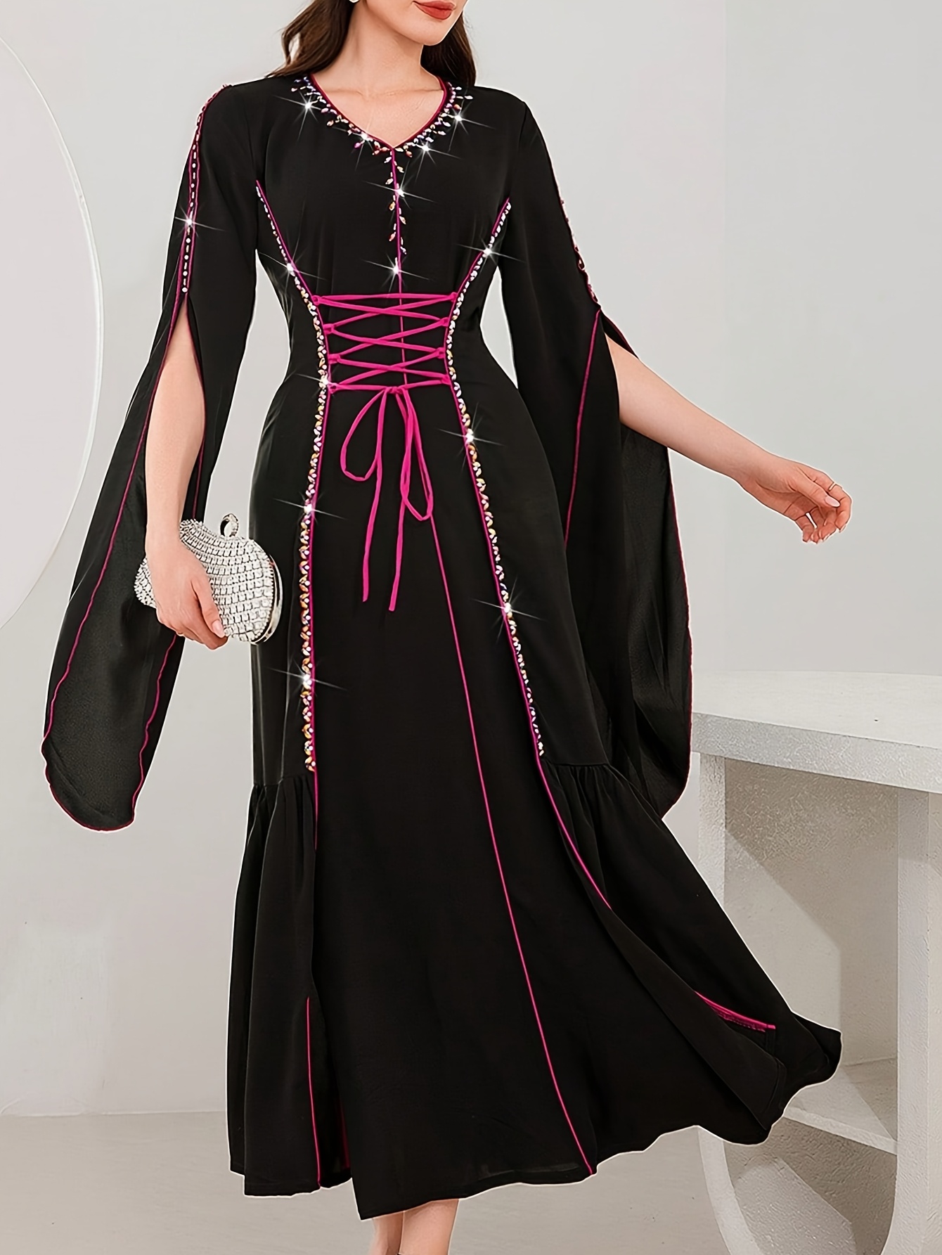4141 elegant black abaya pink accents stylish long dress - Temu