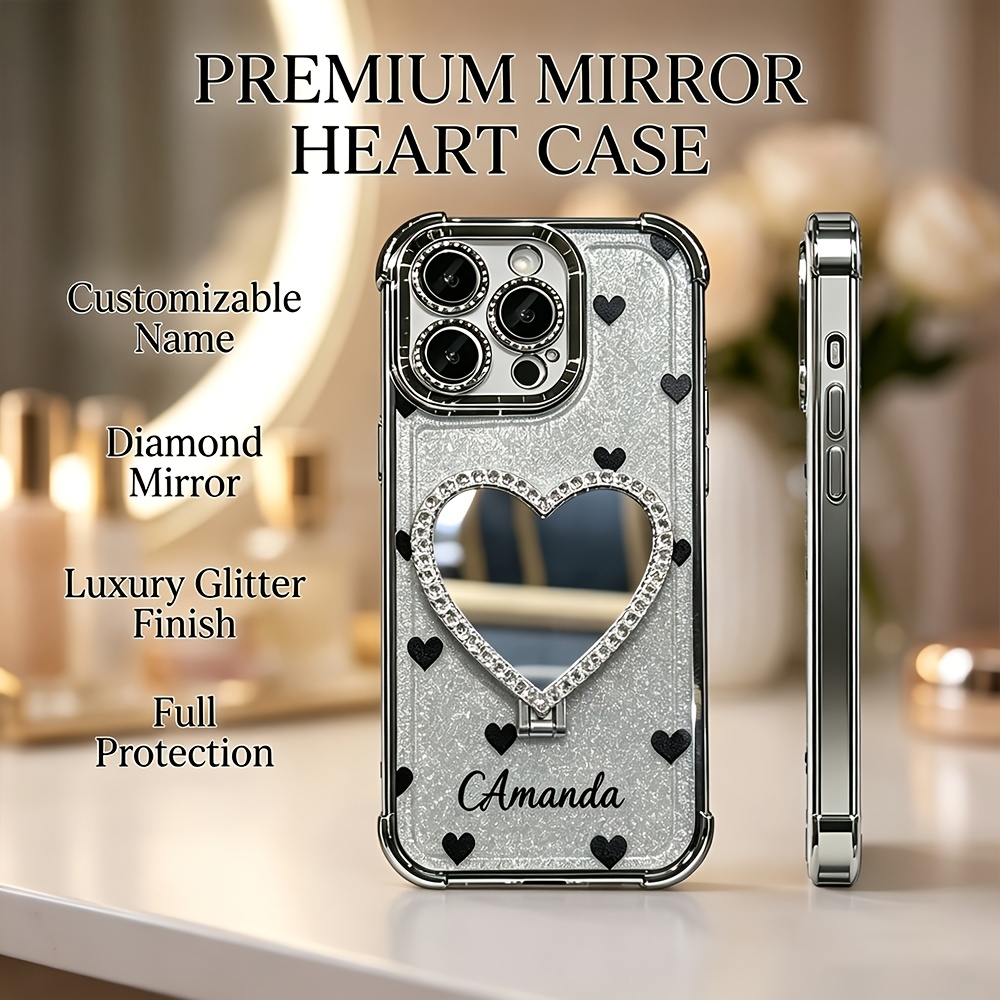 TEMU Phone Case: Personalized Custom Name Diamond Heart-shaped Mirror Glitter Phone Case, Black Heart-shaped Pattern Electroplated Shock-proof