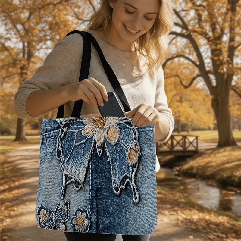 TEMU 1pc, Sac fourre-tout tendance imprimé numérique avec broderie de fleur et papillon - Sac à bandoulière pliable avec sangle fixe, durable et