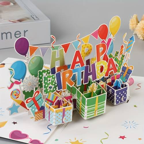3d up birthday card with envelope and note vibrant with balloons gift boxes and confetti men women and all celebrations special occasion card celebratory card style colorful 3