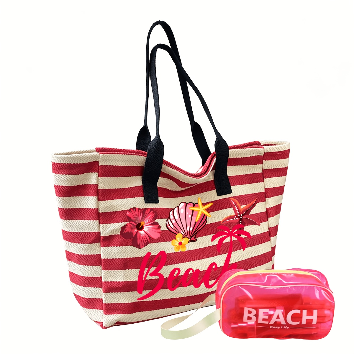 TEMU Large Capacity Pink Striped Beach Tote Bag With Beach And Shell, Starfish Pattern, Foldable Commuting Shoulder Bag, Transparent Makeup Bag,