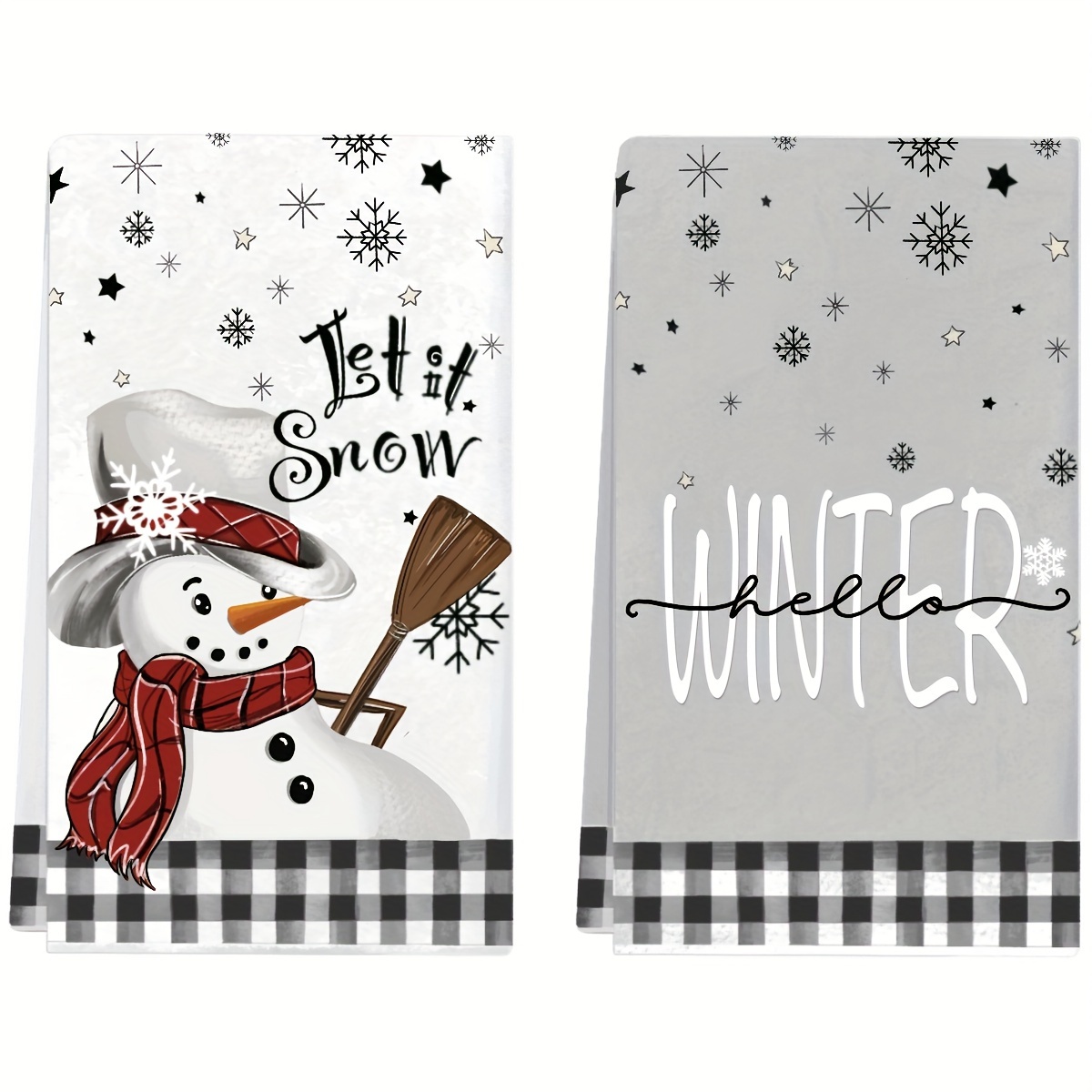 

Modern Microfiber Dish Towels Set - Knit Fabric Dish Cloths With Snowman Print, & Hello Winter Themes For Christmas Holiday - Machine Washable Kitchen Towels