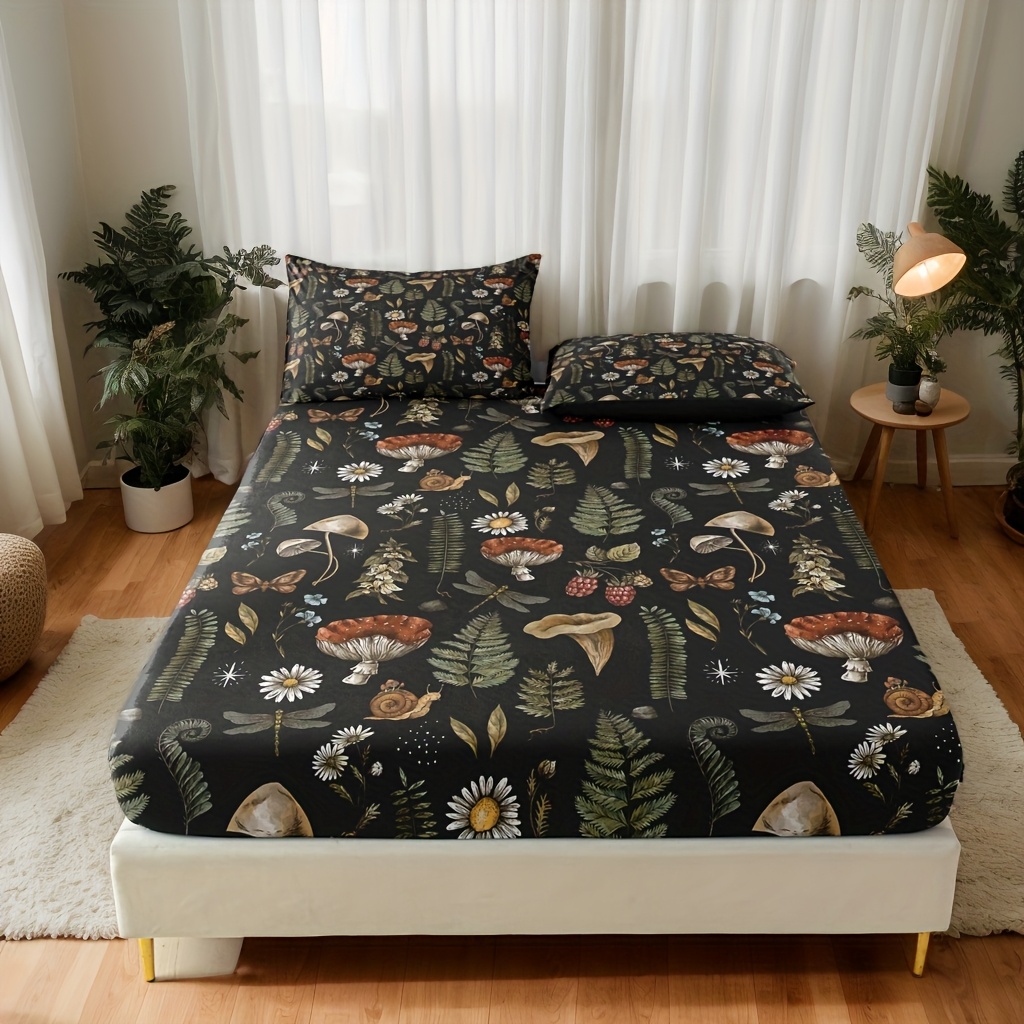 TEMU 3pcs Polyester Print Fitted Sheet Set (1* Fitted Sheet + 2* Pillowcases, Core Not Included), Suitable For Bedrooms And Guest Rooms. Soft And