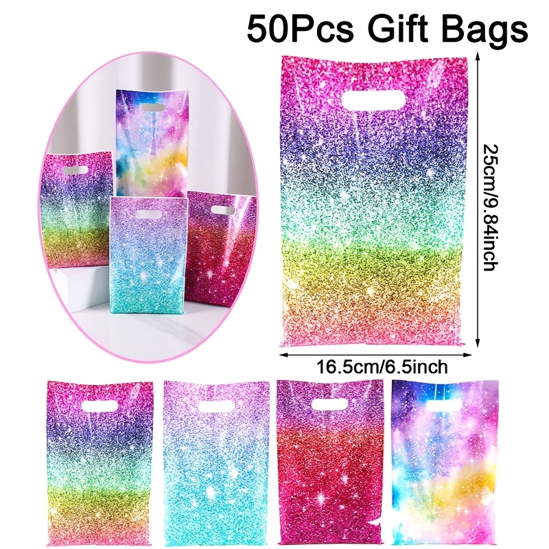Image of 50pcs Glitter Gradient Starry Sky Gift Bags, Fashion Holographic Rainbow Plastic Party Favor Bags, Reusable Portable Tote Bags For Birthday Party Supplies, Holiday Celebration Gift Packaging Bags