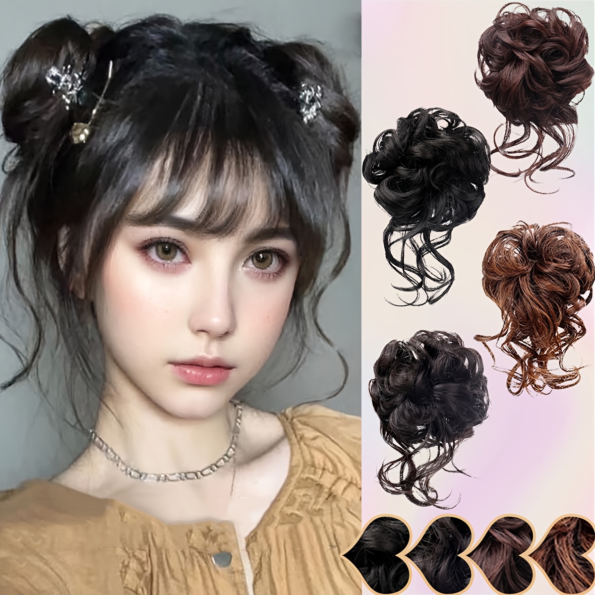 

2pcs Elegant Updo Hair Buns, Fiber Synthetic Hair Extensions With Rope For Women, Messy Donut Style Hair Accessories For Daily Use