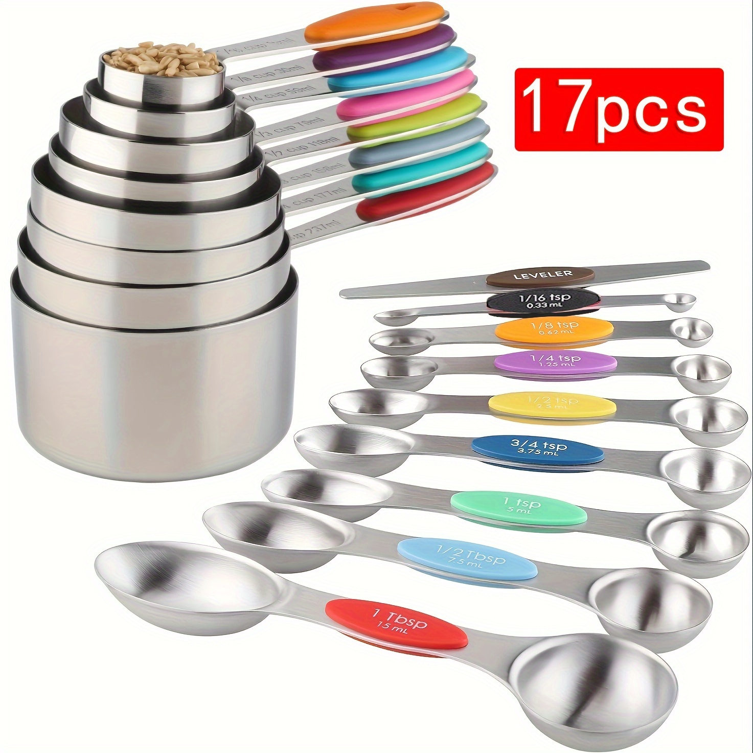 

17-piece Set, Magnetic Stainless Steel Measuring Spoons And Cups, Coffee Spoons, Baking Tools, Home Food-grade Measuring Spoons, Dual-ended Spoon Set, Kitchen Utensils, Kitchen Supplies