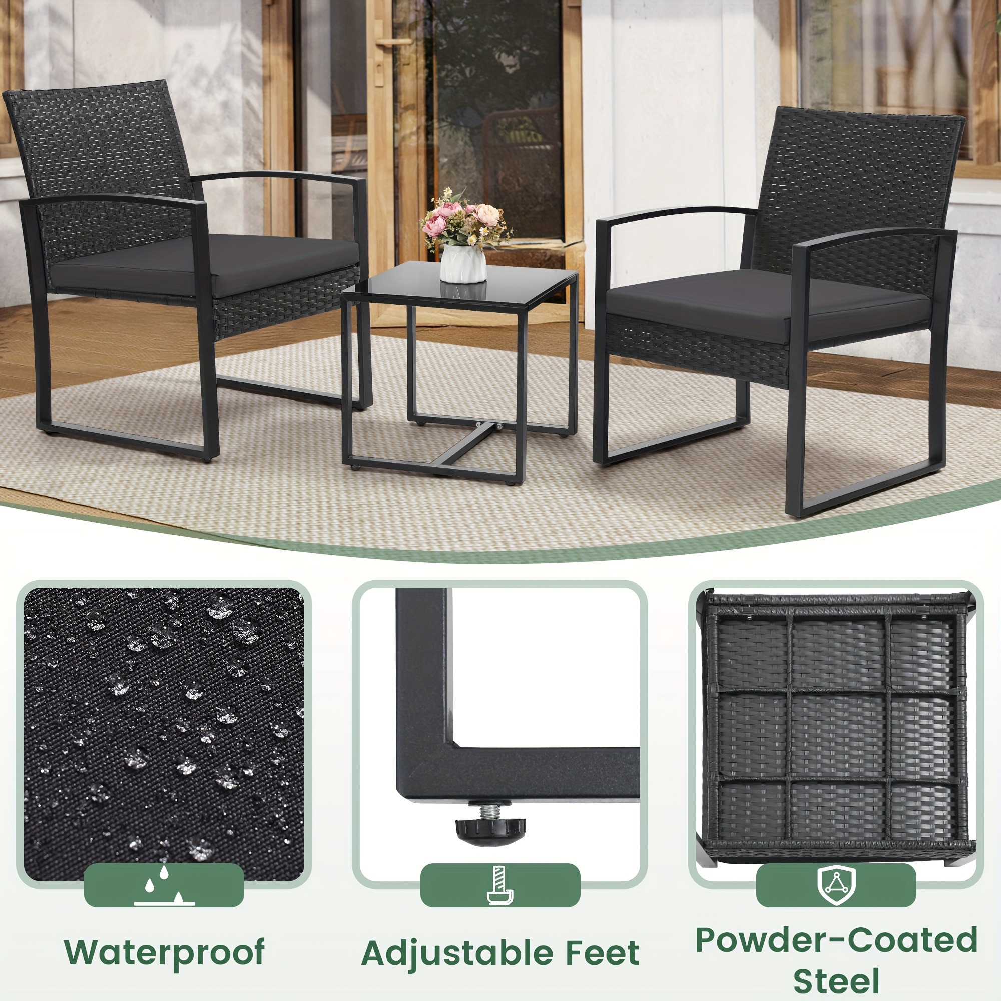 Outdoor Patio Furniture Set, Wicker for 3 People Conversation Set Includes 2 Waterproof Chairs, Thick Cushions and 1 Small Bar Table, Safety Glass Roof
