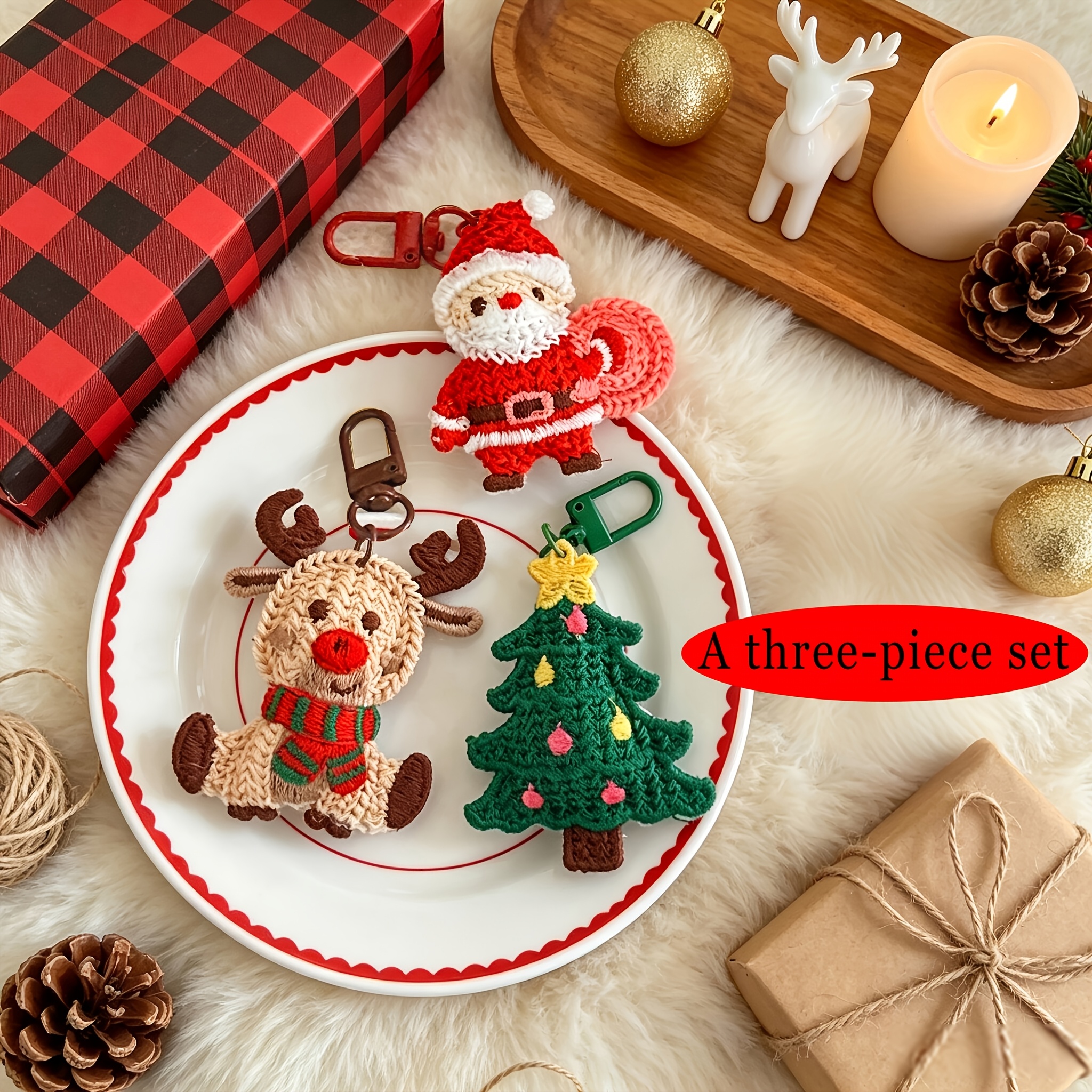 Image of 3pcs Christmas Keychain Set - And Knit Design Bag Charms, Cute Stocking Stuffers For Women, Holiday Party Favors, Gift Tags And Purse Additions