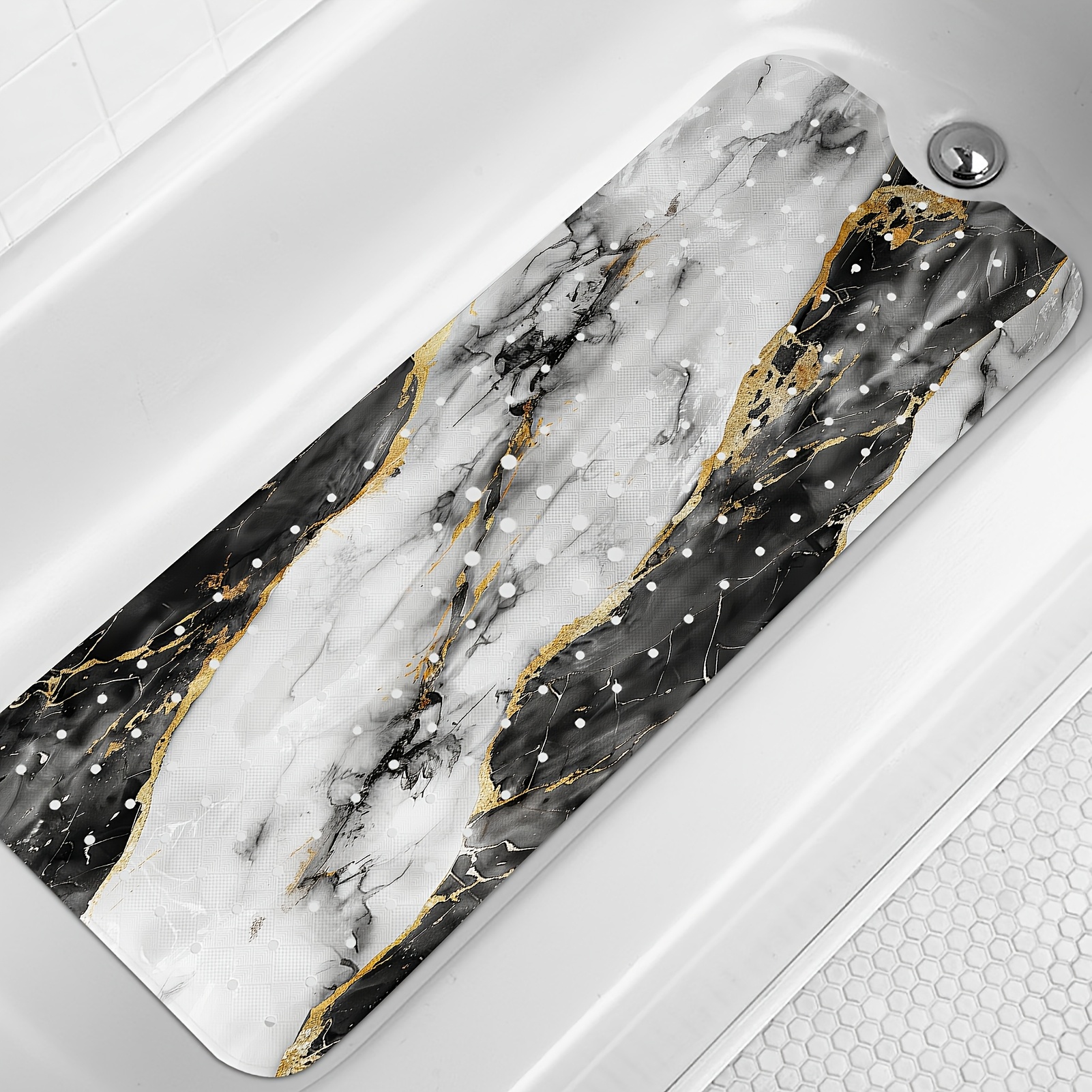 Marble Bath Tub Mat Non-slip, Black Marble Non-slip Bath Mat For Shower, Large Washable Shower Mats For Showers With Drain Holes And Suction Cups, 40 X 16 Inch