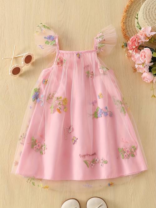 girls pink floral embroidered tulle dress with appliques spaghetti strap layered tutu and flounce sleeves