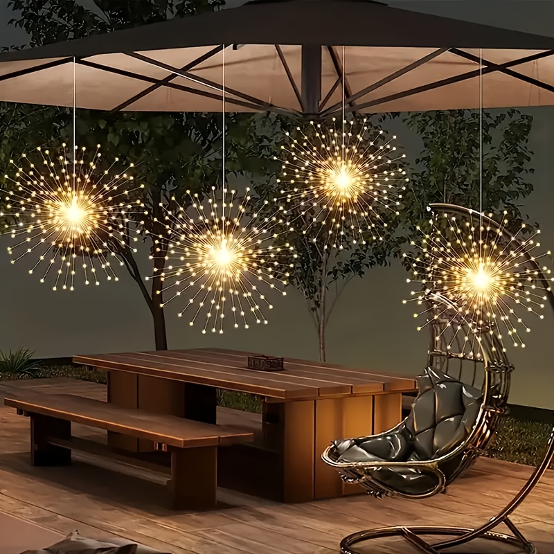 4pcs Hanging Solar Powered Outdoor Firework Lights, 240/360 LED Sparkling Starburst Sphere Lights, Warm White/Multicolor/White, 8 Modes Copper Wire Fairy Lights For Patio, Umbrella, Eave, Garden, Tree, Tent, Christmas DecorationDecoration