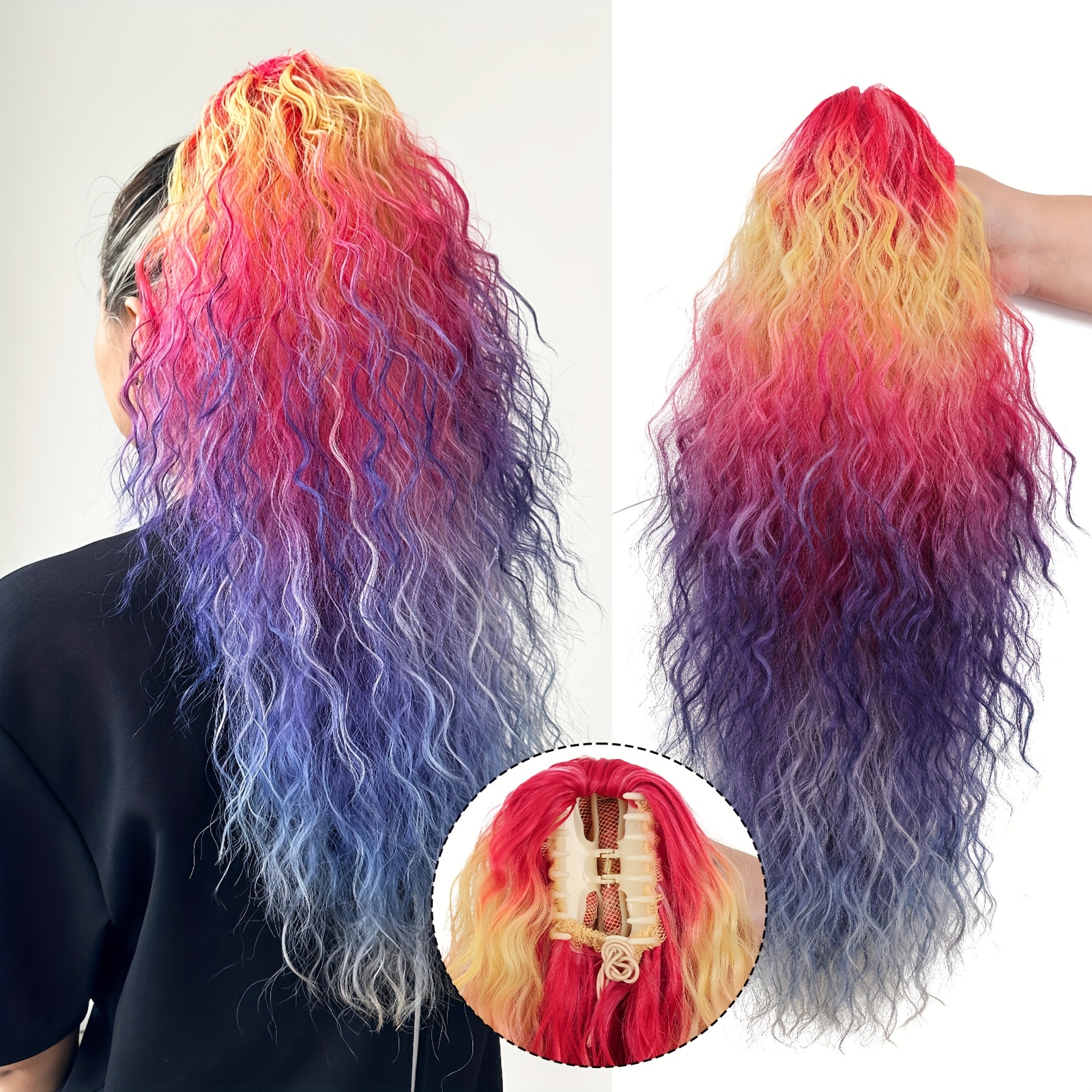   66.04cm multicolor long curly ponytail extension - synthetic hair claw clip-in with drawstring, natural look for women, deep  ,  , easy to style, party hair accessory, vibrant hairpiece details 2
