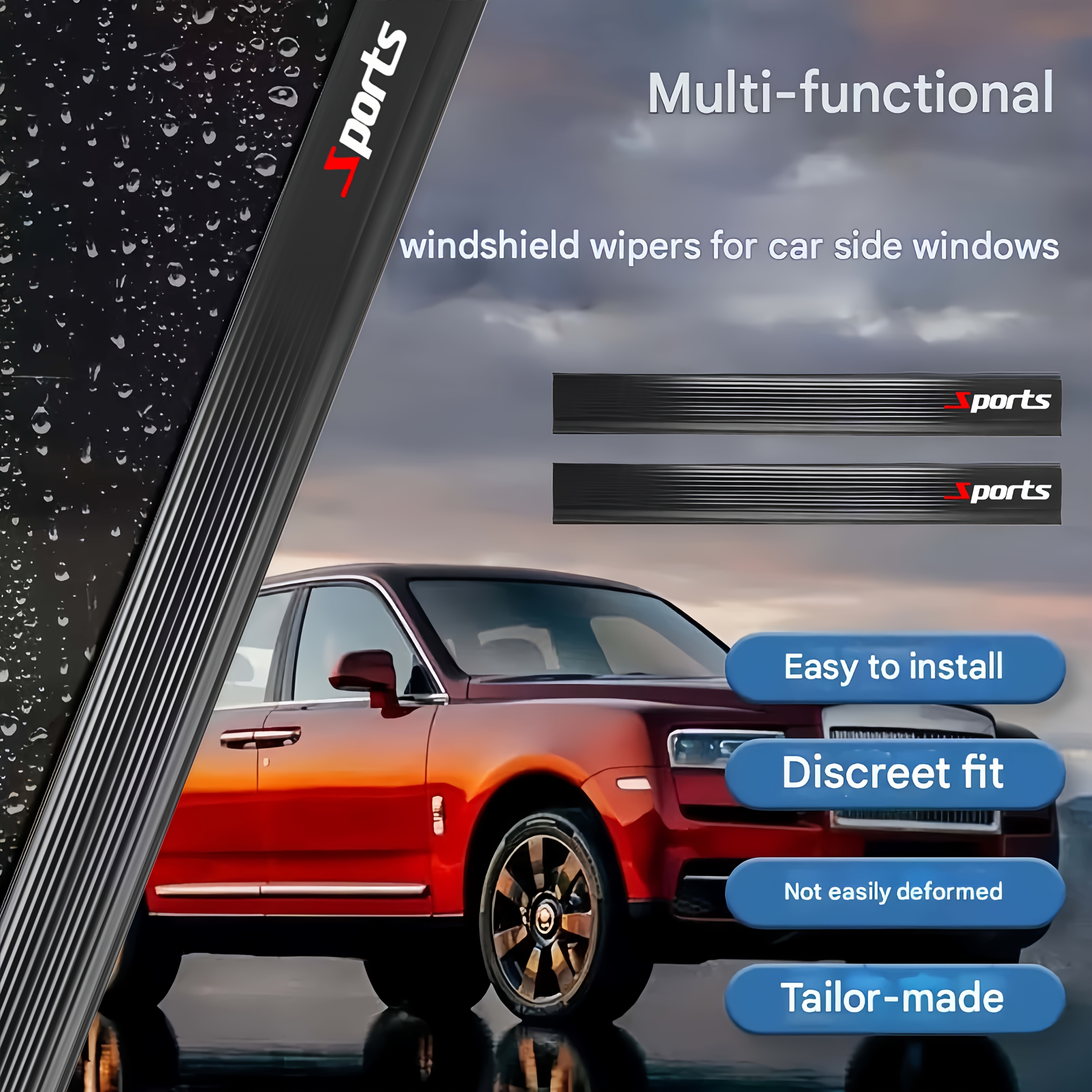 Image of 2pcs Sports Heavy-duty Automotive Side Window Wiper Set, Non-deformable Silicone, Fits Suvs, Trucks, Sedans. Color Scheme. In Rain/snow, Visibility. Stylish Design, Flexible Superior Cleaning.