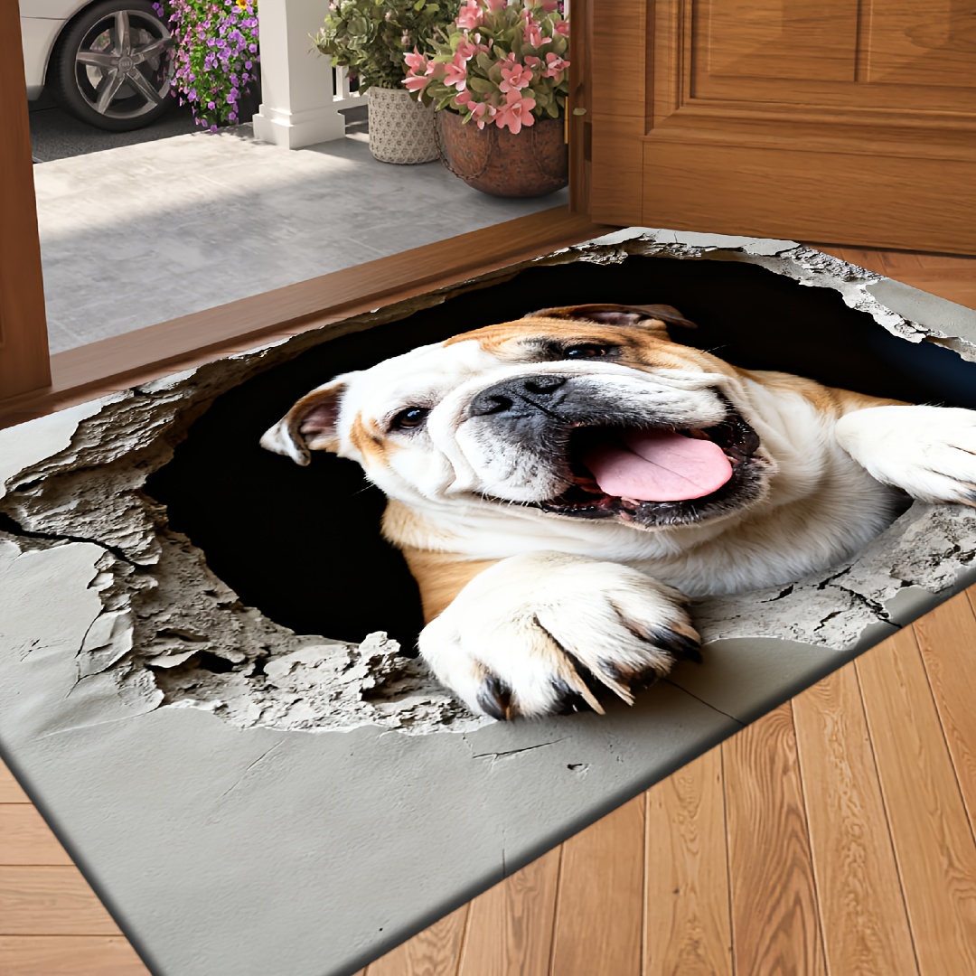 TEMU Product [flannel + 1cm Thick Sponge Material] Fun Door Mat | English Bulldog Wall Print Doormat, Suitable For Multiple Scenes Like Bedroom,
