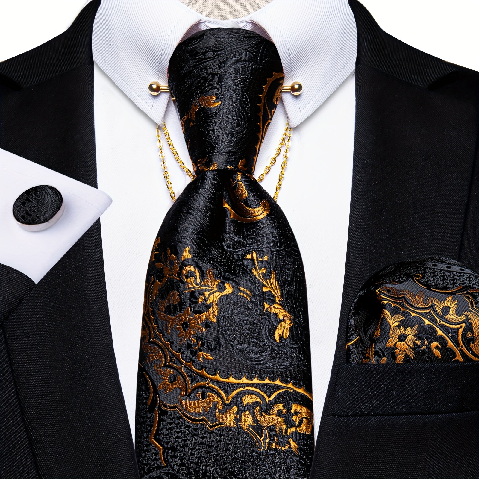 

Black Golden Color Paisley 8cm 4pcs Men's Luxury Tie Set With Collar Pin Handkerchief Cufflinks