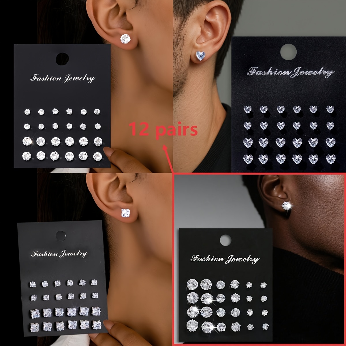 TEMU Boucles d'oreilles clou brillantes rondes carrées de cœur, ensemble de boucles d'oreilles élégantes et unisexes, adaptées et aux fêtes, à pour ,