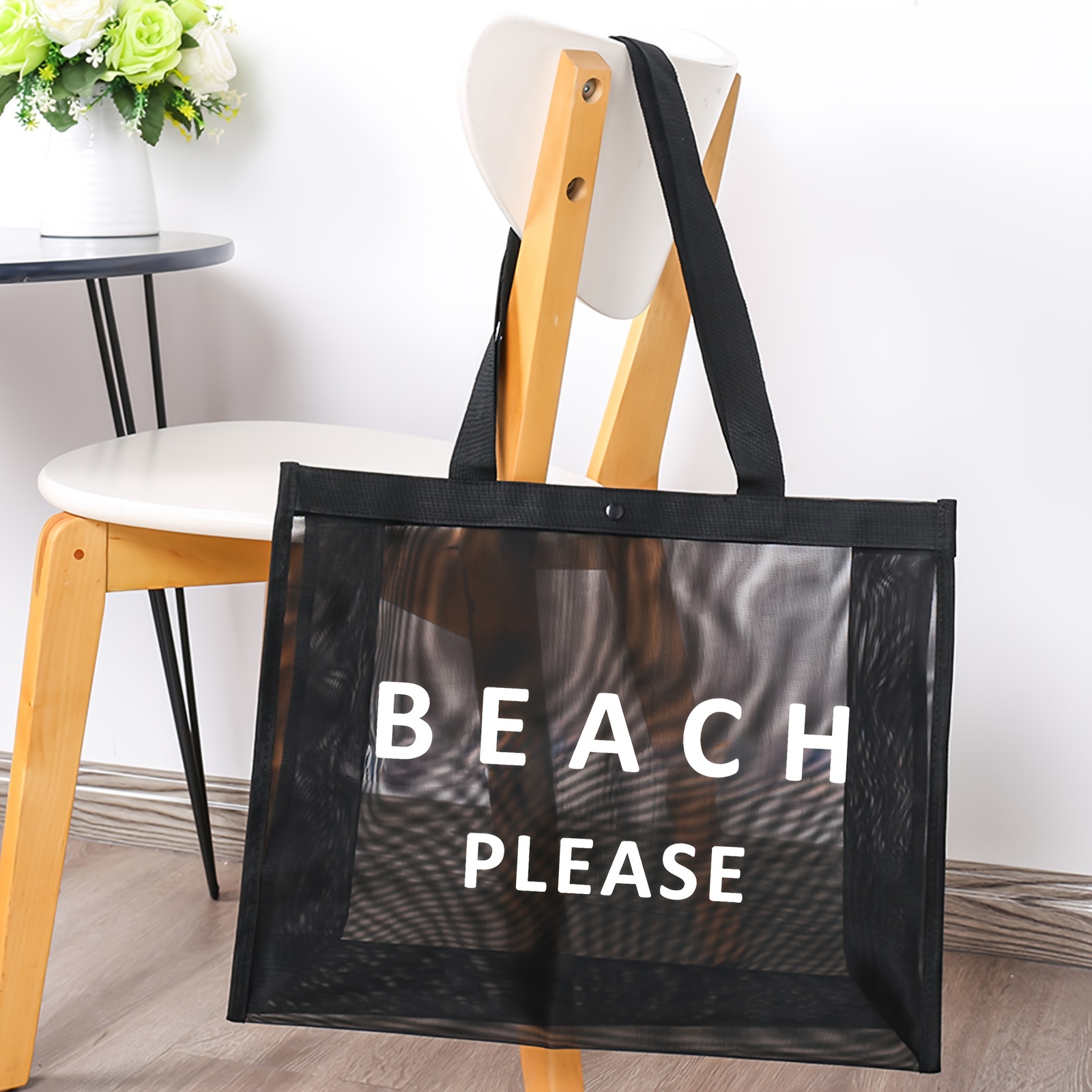 

1pc White "beach Please" Shape Print Trendy Black Shopping Tote Net Bag, Multi-functional Shoulder Bag For Beach Vacation & Wash Storage