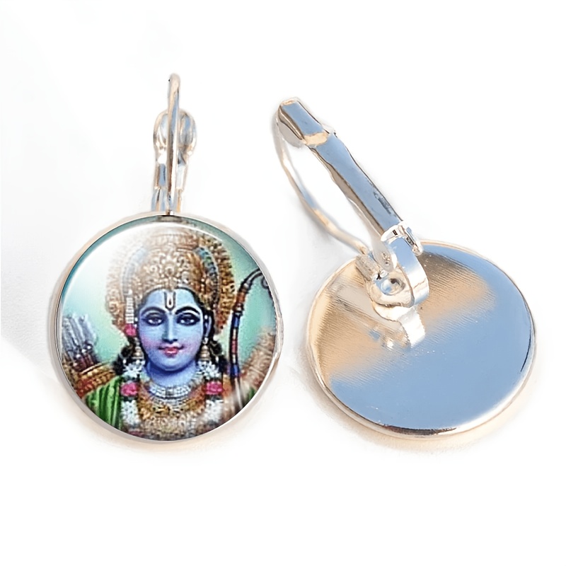 2pcs Round Glass-Inlaid Earrings with Deity Design