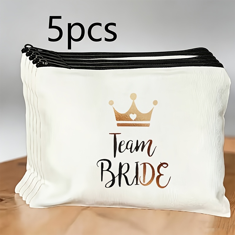 TEMU 5pcs Brown Golden Watercolor Heart Crown Handwritten Font Printed Makeup Bag, Bridesmaid Squad Gentle Vintage Storage Bag, Country Style