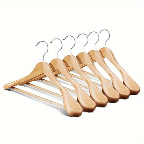 a collection of six extra wide wooden hangers from smooth high quality natural wood designed for suits feature 360 rotating hooks non slip trouser bars and sturdy to keep garments