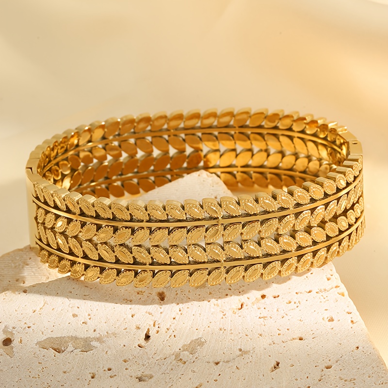 TEMU Elegant 18k Gold Plated 18k Gold Plated-plated 304 Stainless Steel Hollow Leaf Bracelet - Design, Perfect For Couples, Daily Commuting & Special