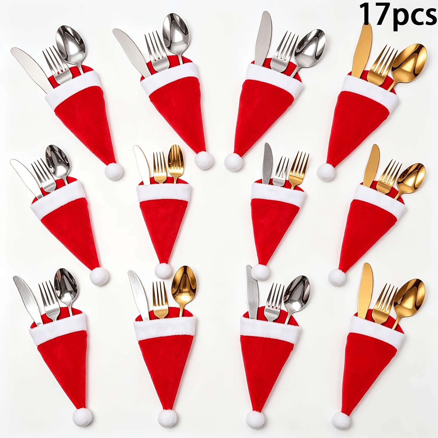TEMU 17pcs Christmas Santa Hat Storage Bags, Christmas Party And Santa Hat Design, Dinnerware Organizer Decorative Items Tableware Rack Suitable For