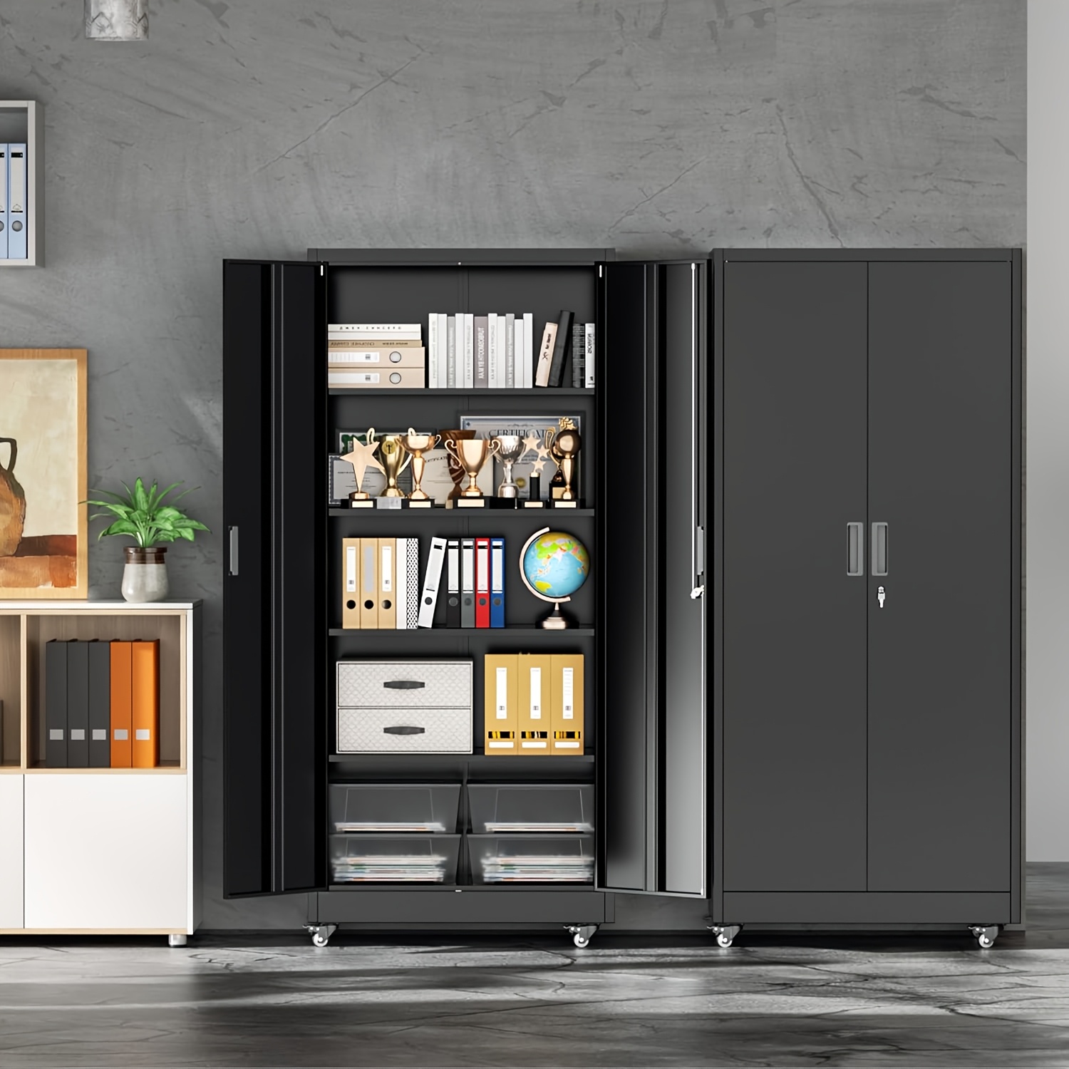 TEMU 73" Metal Storage Cabinet With Wheels, Locking Storage System With 4 Adjustable Shelves, For Home Office, Garage, Warehouse