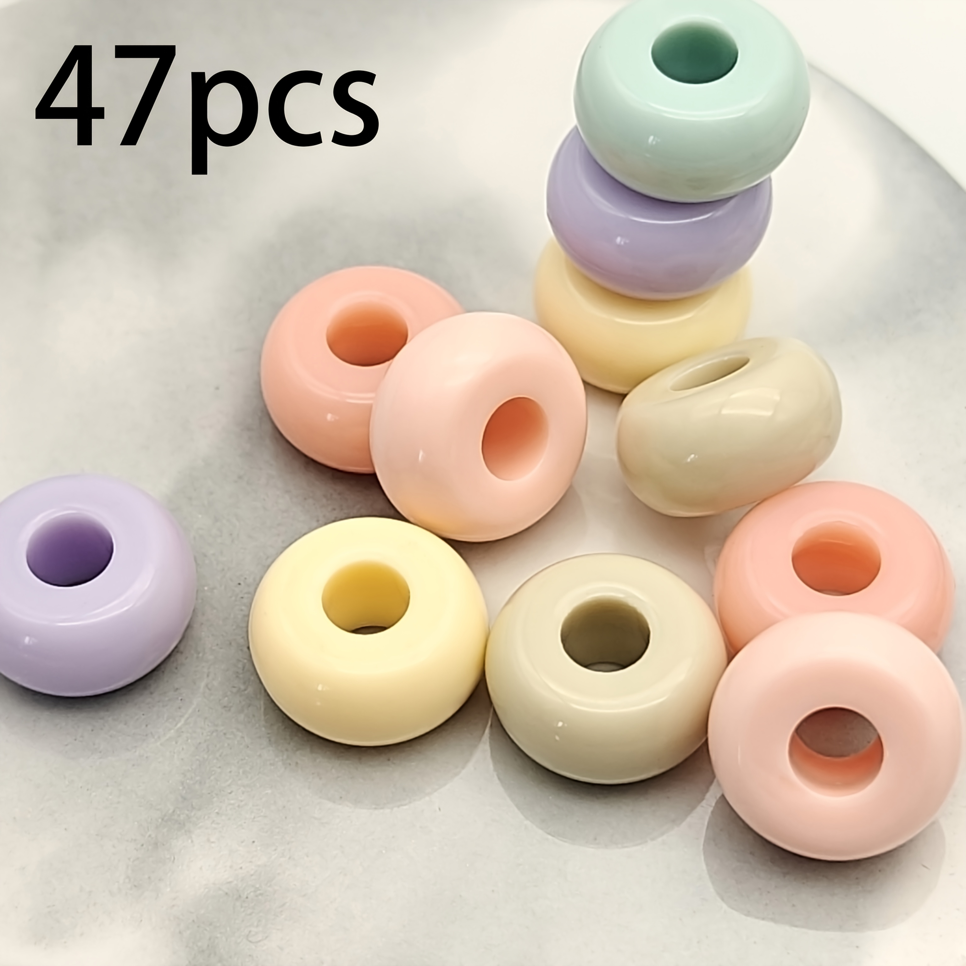 TEMU 47pcs 13.5mm Macaron-colored Acrylic Large Hole Beads Flat Beads Craft Materials Beads, Handcraft Bead Stringing