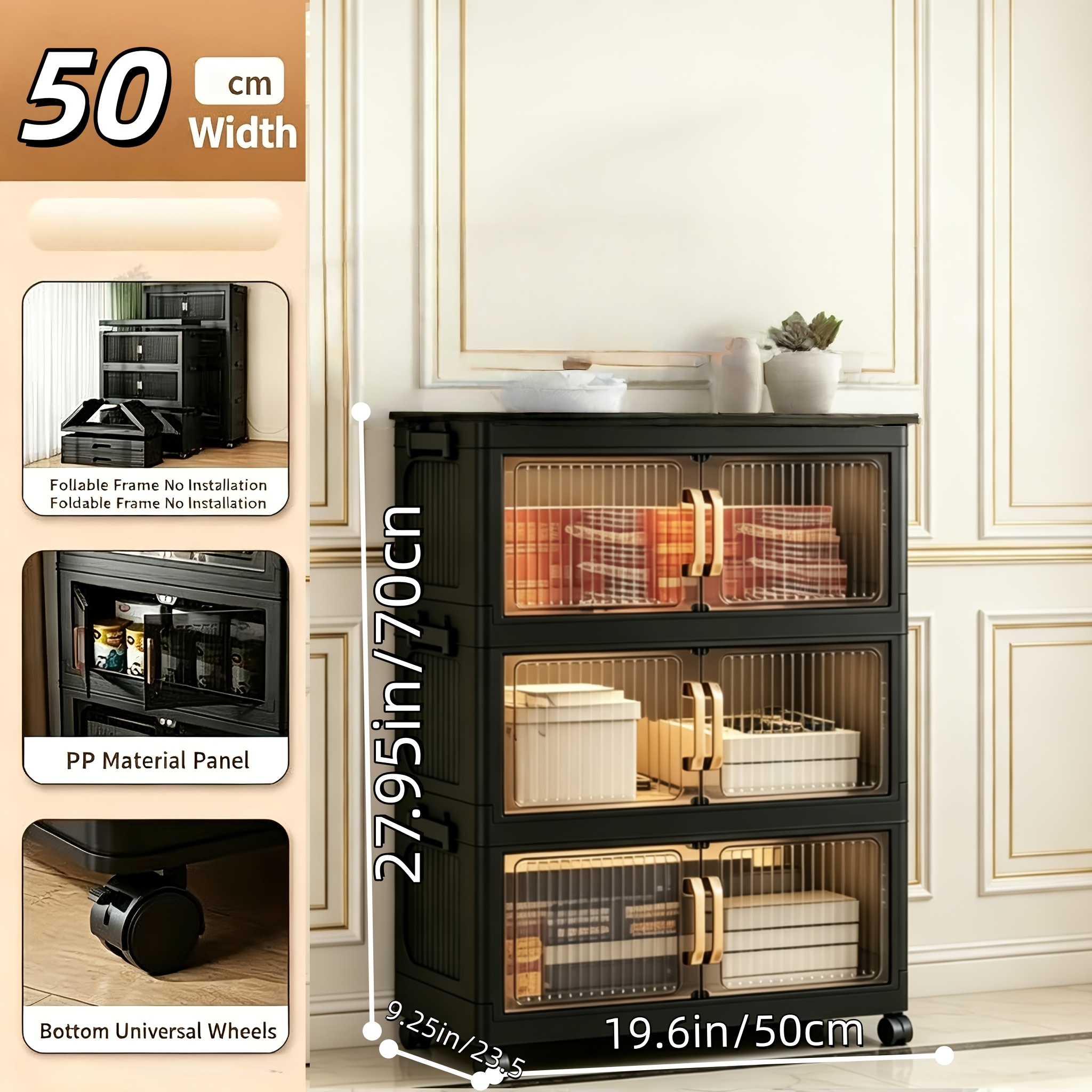 No Assembly 2/3/4/5 Tier Foldable Stackable Storage Cabinet, 44.29 Inch Large Capacity Modular Organizer Box with Lid, Rolling Wheels & Magnetic Double Door, Space Saving Portable Multi-Layer Storage Unit, Easy Setup Household Storage Container