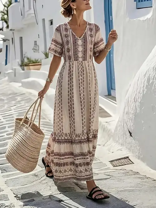 casual long summer dresses Women's Bohemian Beach Dress Spring V-Neck The summer woman loose dress crafted from lightweight long summer dresses for women