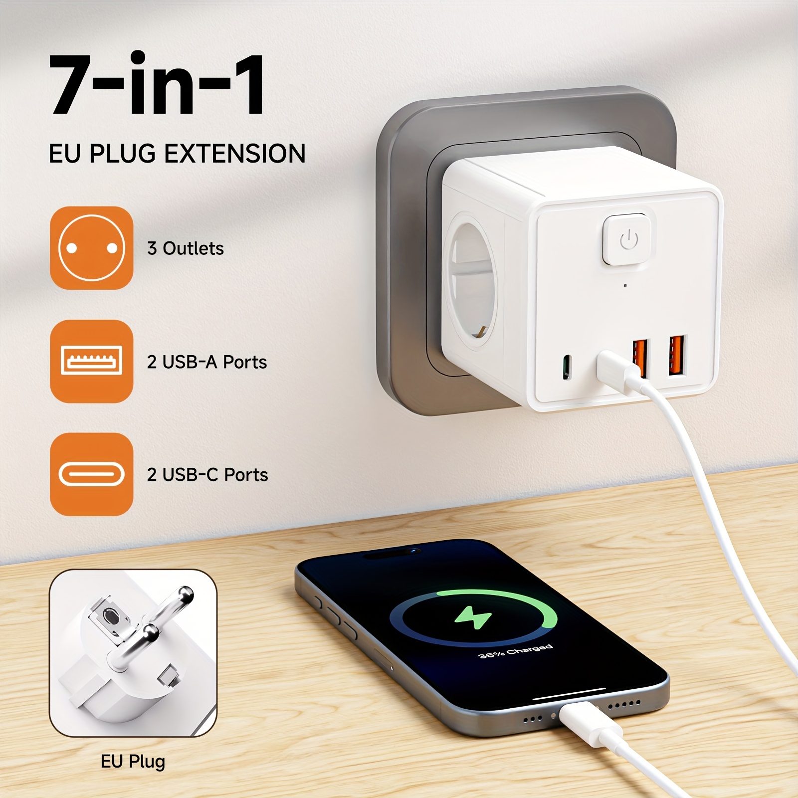 7 in 1 eu   strip 3 ac outlets 2 usb 2 type c with 1 switch suitable for home   computer white and black