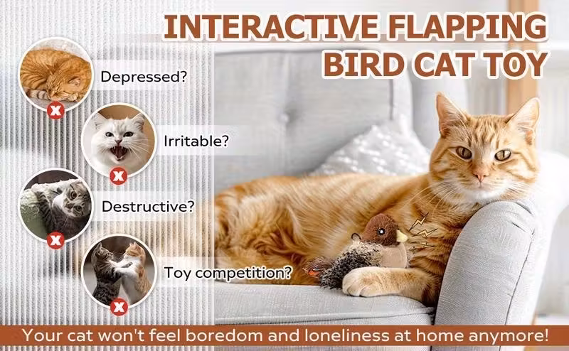 逼真飞翔猫玩具,带触摸激活的翅膀拍打和逼真叫鸣/唱歌 - usb充电互动毛绒可咀嚼身体,易于清洁的可拆卸部件,柔软安全材料,适合室内玩耍 - 适合所有猫咪尺寸,幼猫锻炼和训练 商品详情 0