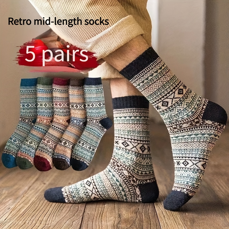 

5pcs Men' Ethnic Knit Socks - Warm, Soft & Stretchy Polyester For Fall/winter Casual Wear
