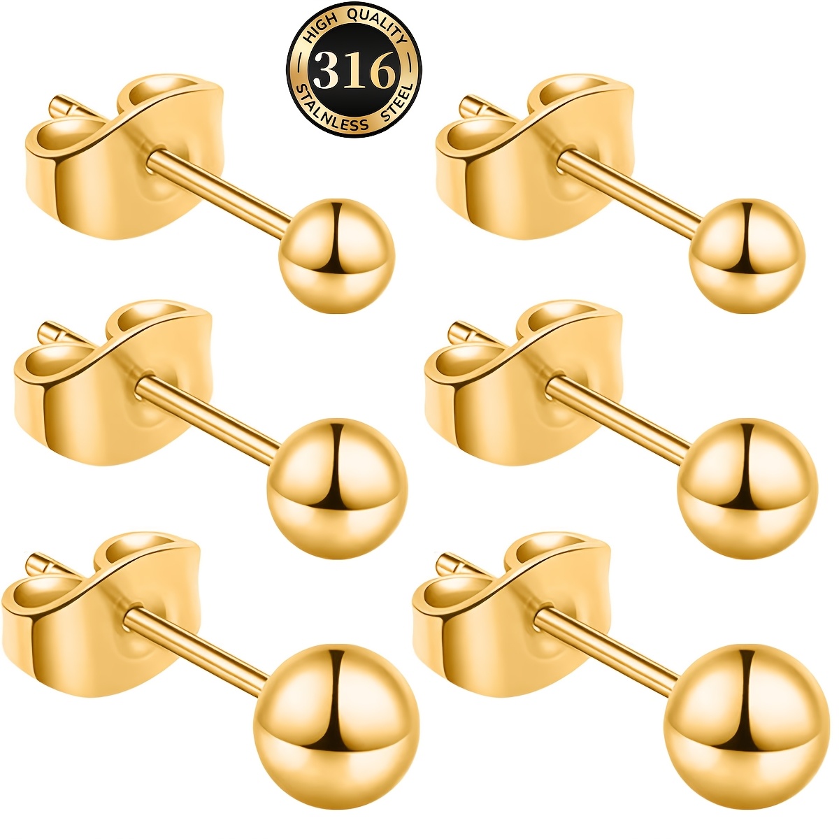 TEMU 6pcs Basic 316 316 316 316 Steel Round Stud Earrings, Unisex Style, Easy And Fashionable Ear Jewelry, Suitable For Casual Wear And Special