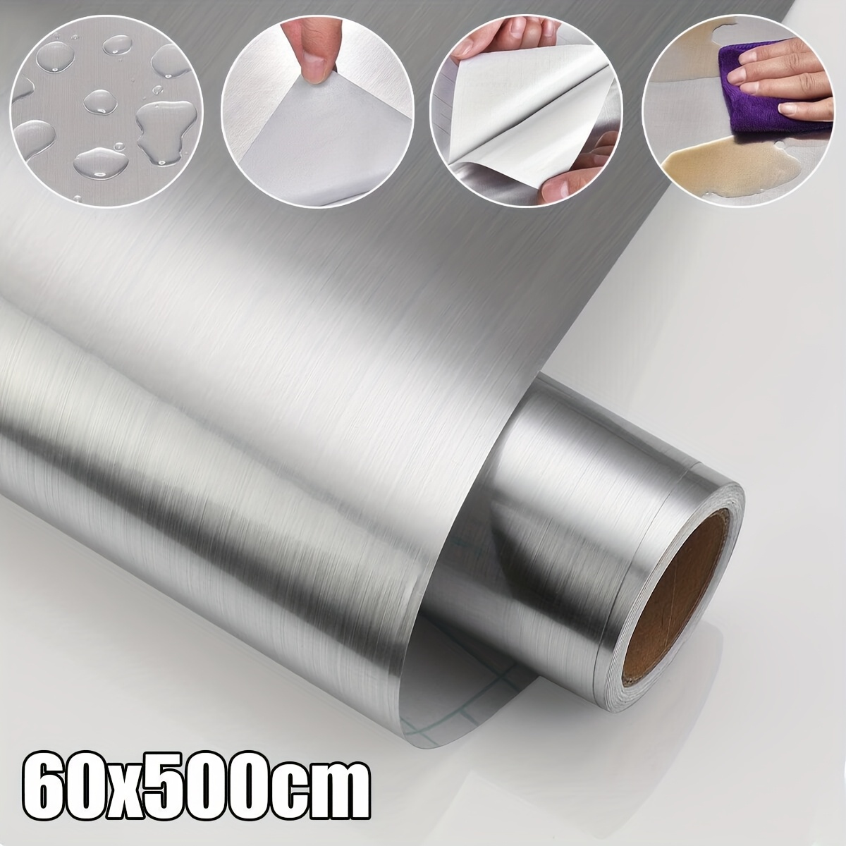 TEMU Film Adhésif en Acier Inoxydable Brossé pour Meubles 60x500cm Film Décoratif PVC Film de Cuisine