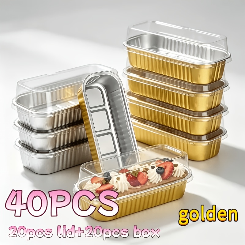 TEMU Lot de 40 contenants de cuisson en feuille d'aluminium dorée, 20 corps de boîte + 20 couvercles , moules à muffins rectangulaires réutilisables
