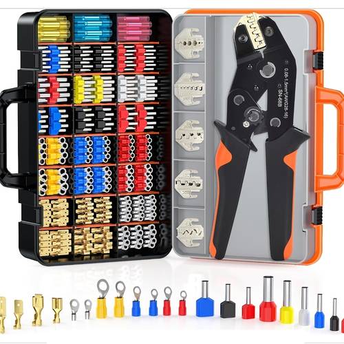 718pcs New SN-68B Wire Crimping Tool (0.08-1.5mm²/AWG28-16), with Replaceable Crimping and Matching Crimp Terminals, Male and Female Cold-Press Wire Terminals, Insulated Cable Connectors, Voltage Terminal Connector Kit - Without Box