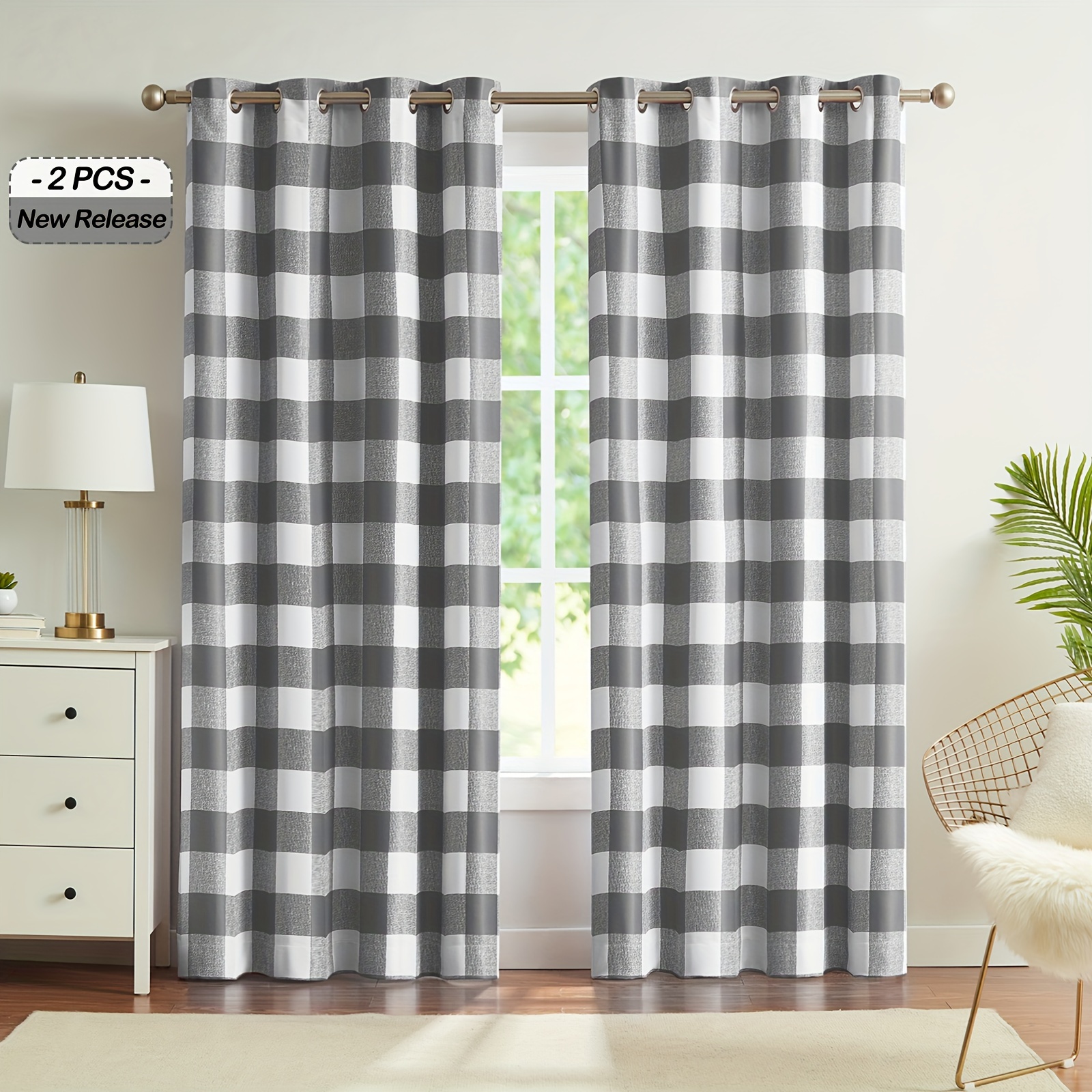 

2 Panels Blackout Buffalo Check Plaid Curtains For Bedroom, Room Darkening Noise Reducing Thermal Insulated Grommet Drapes For Office, Living Room Home Decoration